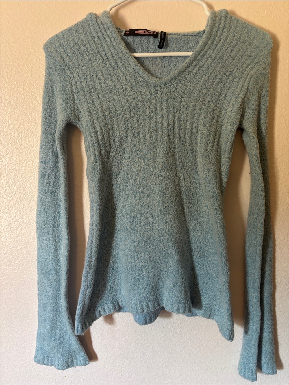 Womanβs Y2K Light Blue V-Neck Hooded Sweater, Soft & Stretchy, Flared Hem, M
